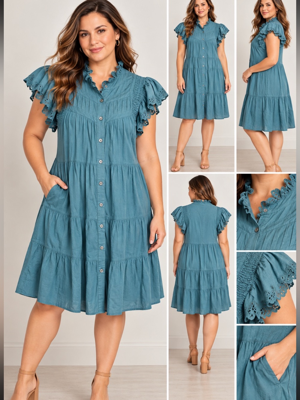 Sea Teal Button-Front Midi Dress with Ruffled Yoke tiered cotton dress size S